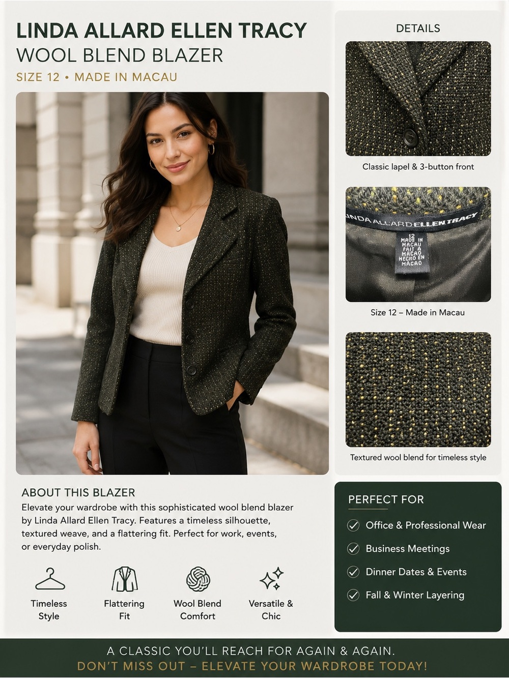 Linda Allard Ellen Tracy Olive Wool-Blend Blazer size 12